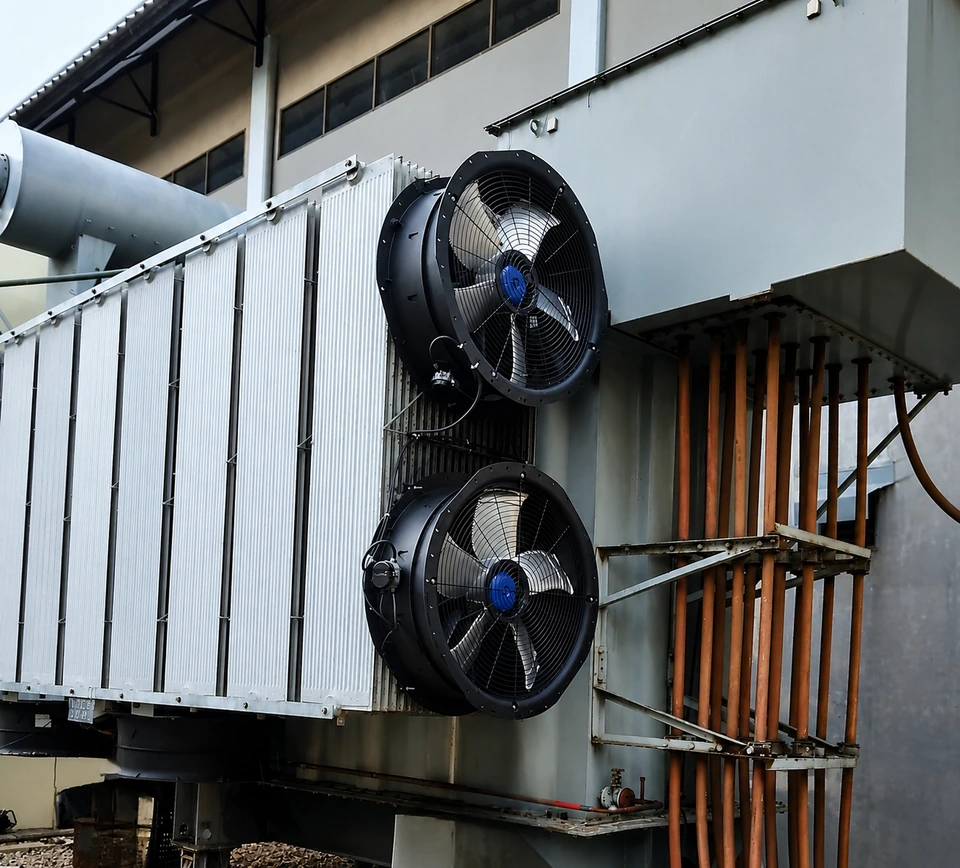 Transformador industrial enfriado mediante ventiladores axiales