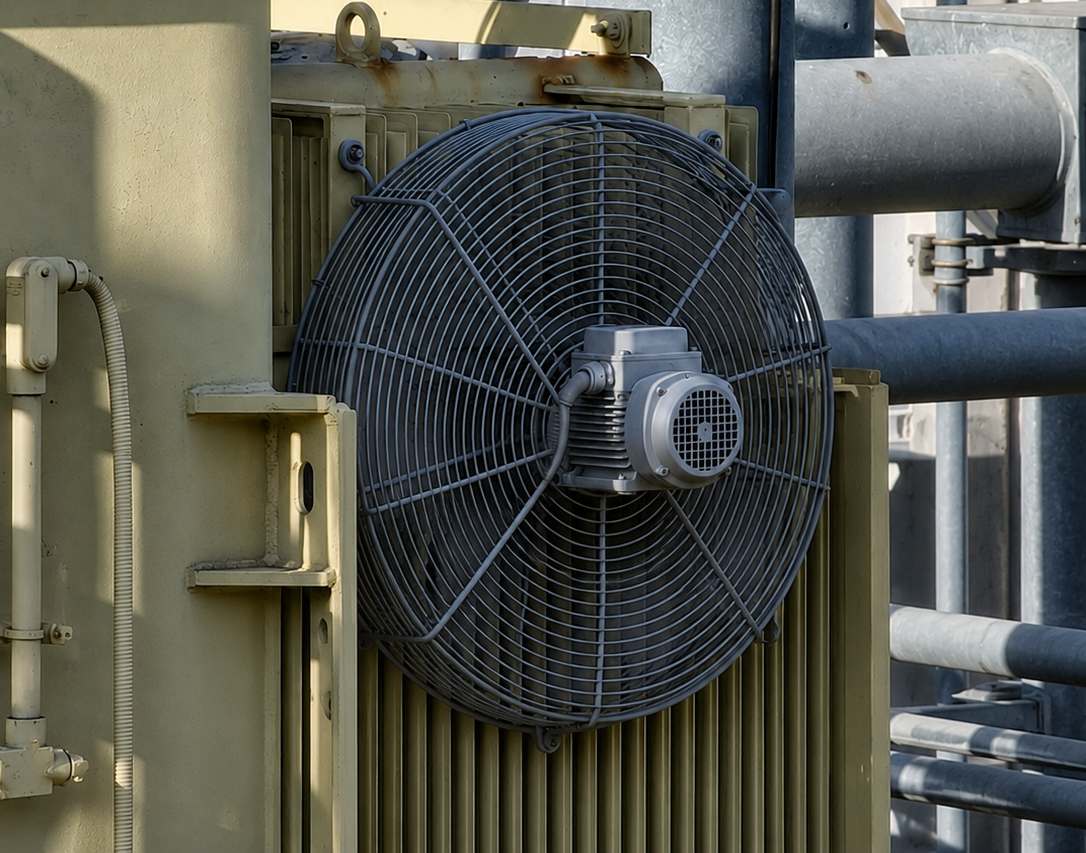 Ventilador axial instalado sobre el radiador de un transformador