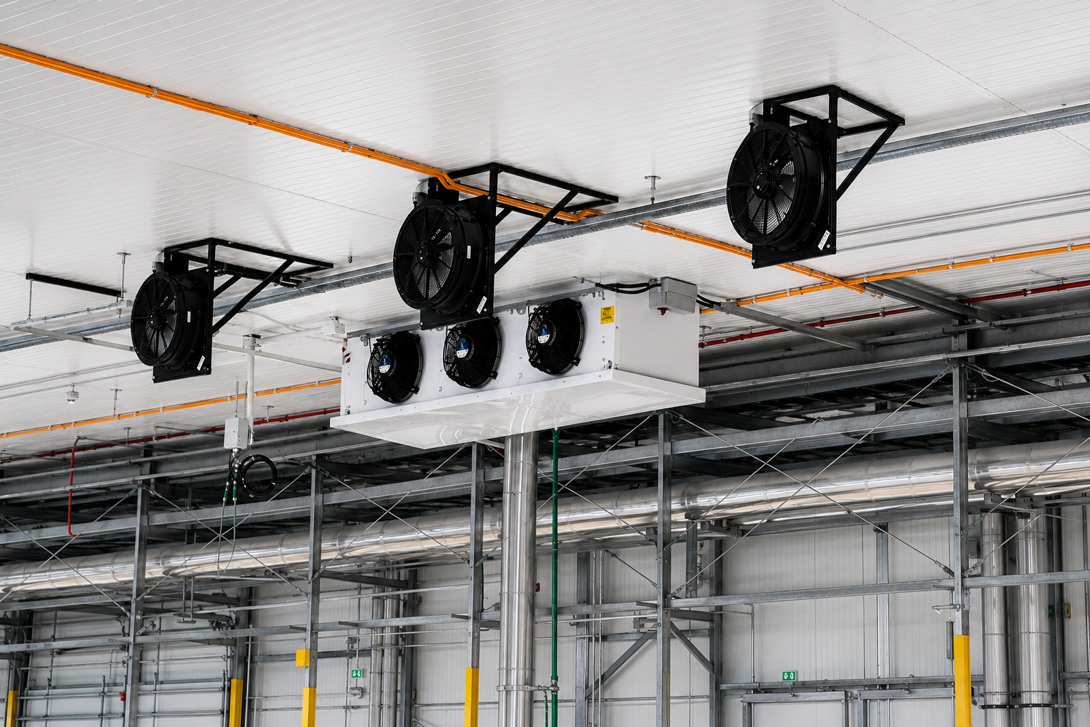 Evaporadores y ventiladores axiales distribuyendo aire en una planta industrial