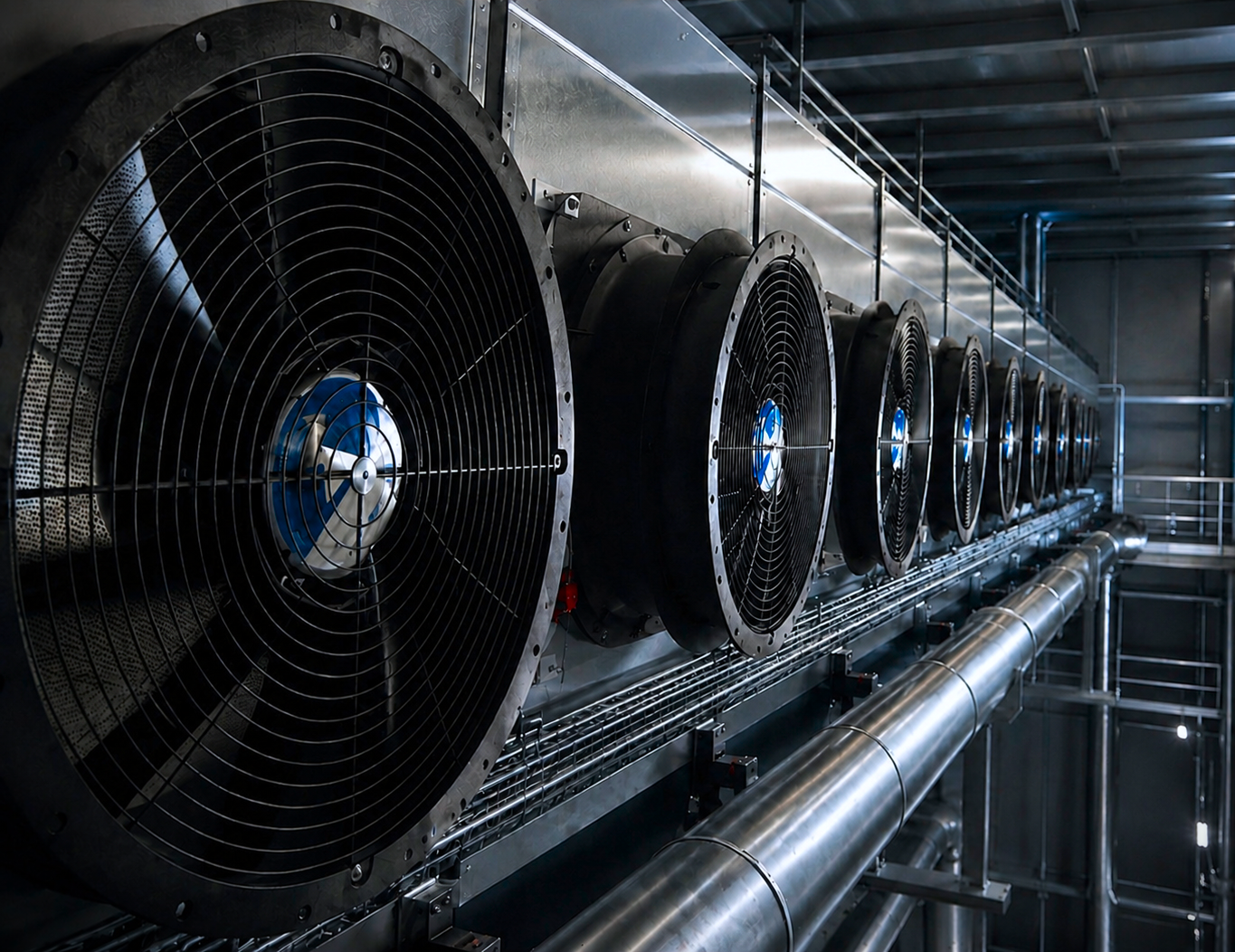 Cuarto de máquinas industrial con ventiladores y ductos de refrigeración