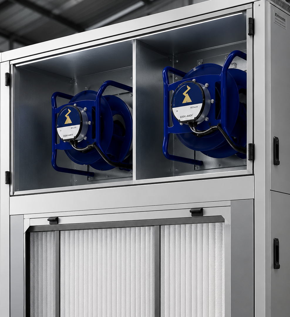 Unidad HVAC industrial con ventiladores EC y filtración