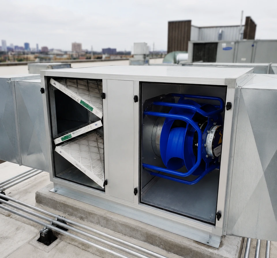 Unidad de ventilación de azotea con filtros y ventilador EC