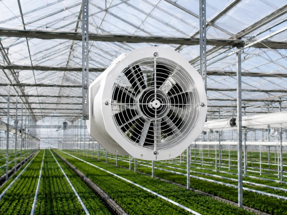 Ventilador de recirculación instalado en un invernadero