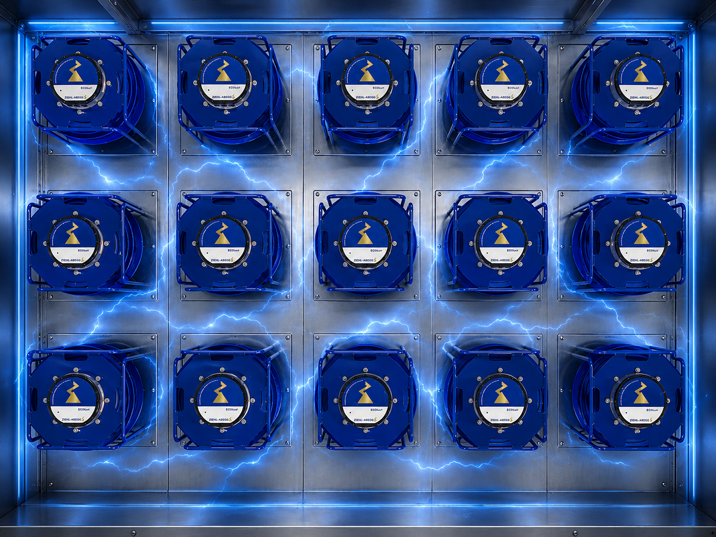 Muro de ventiladores EC con iluminación eléctrica azul