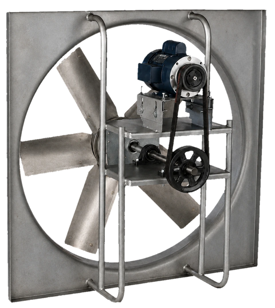 Ventilador axial tradicional con motor y transmisión por bandas
